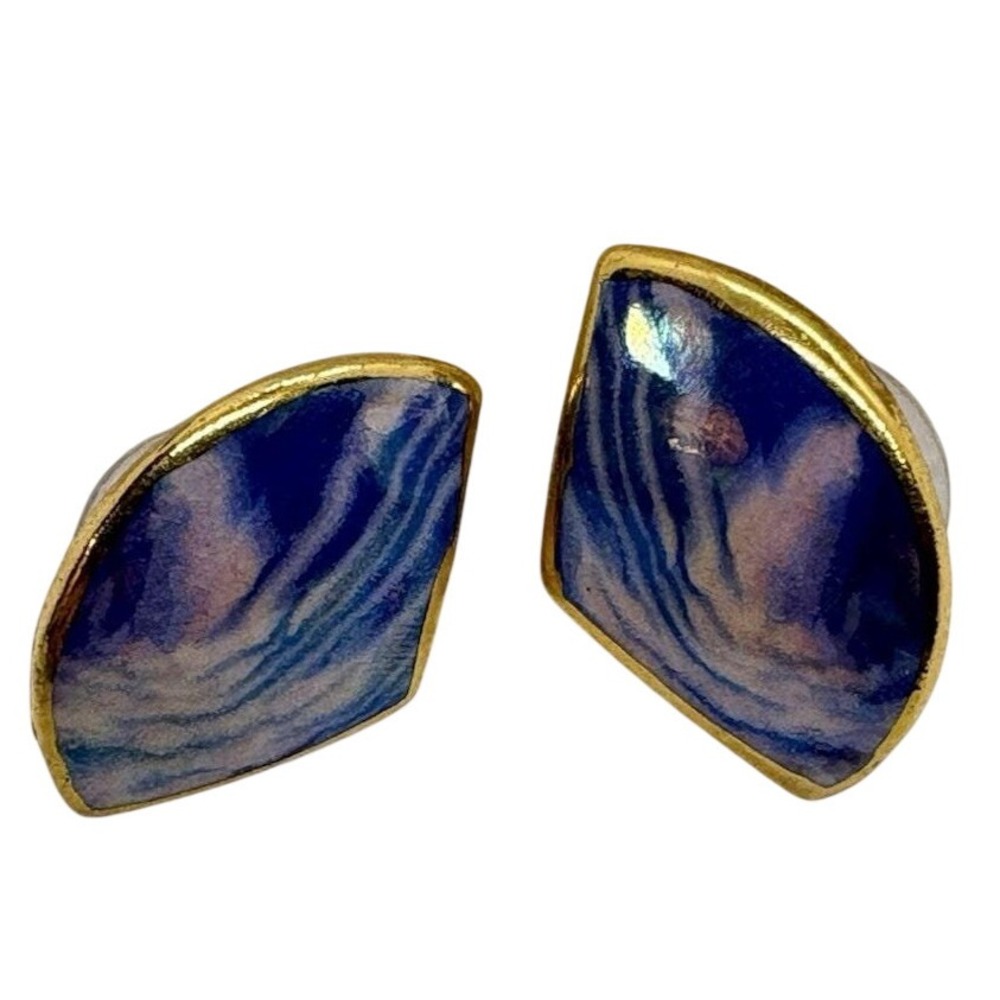 Vintage Artisan Ceramic Earrings Abstract Blue & Pink Swirl Gold Tone Edge